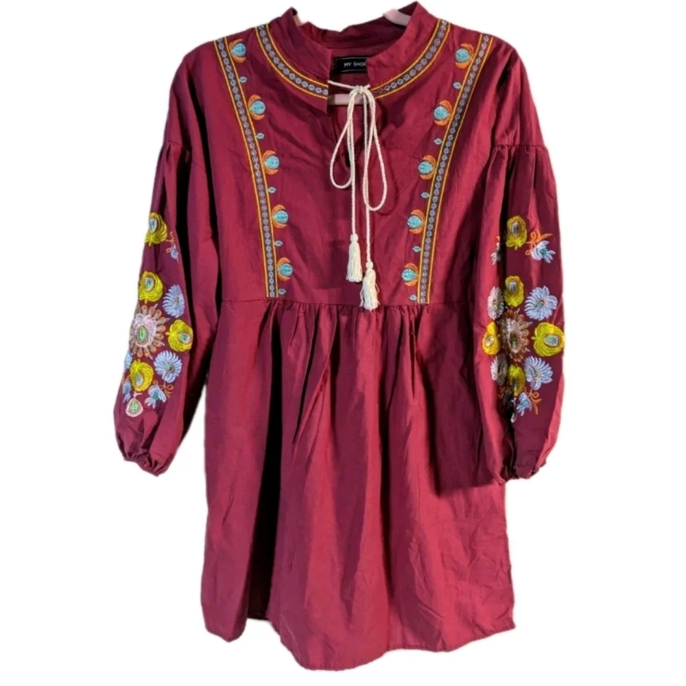 Boho Embroidered Burgundy Peasant Mini Dress Floral Sleeve Festival‎ Cottagecore - Picture 2 of 11